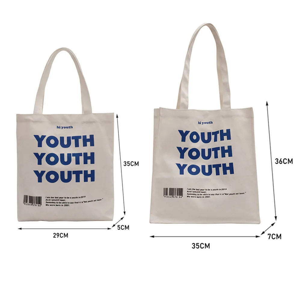 YOUTH Letters Print Canvas Shopping Bag Eco Handbag Tote