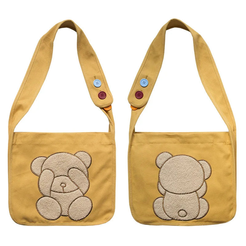 Canvas Shoulder Bag Embroidered Bear Pattern Crossbody Messenger Bag