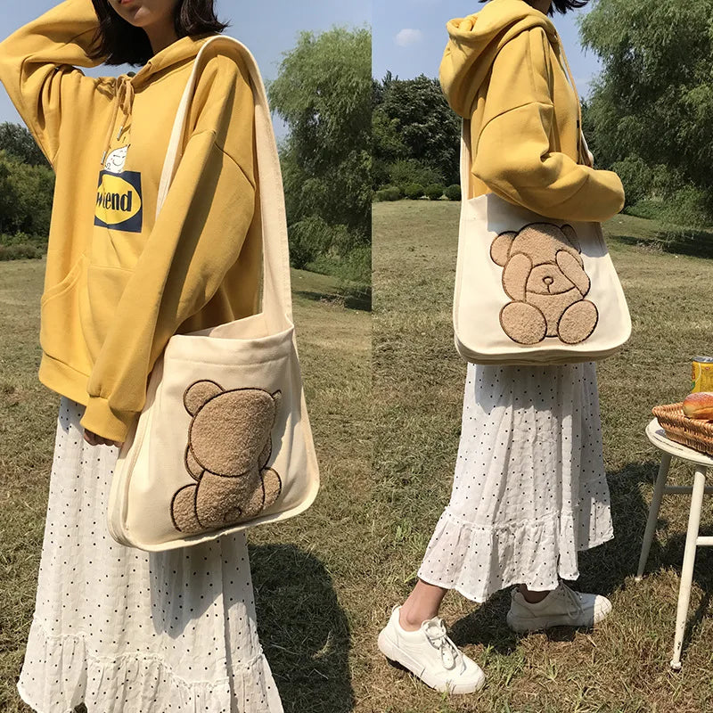 Canvas Shoulder Bag Embroidered Bear Pattern Crossbody Messenger Bag