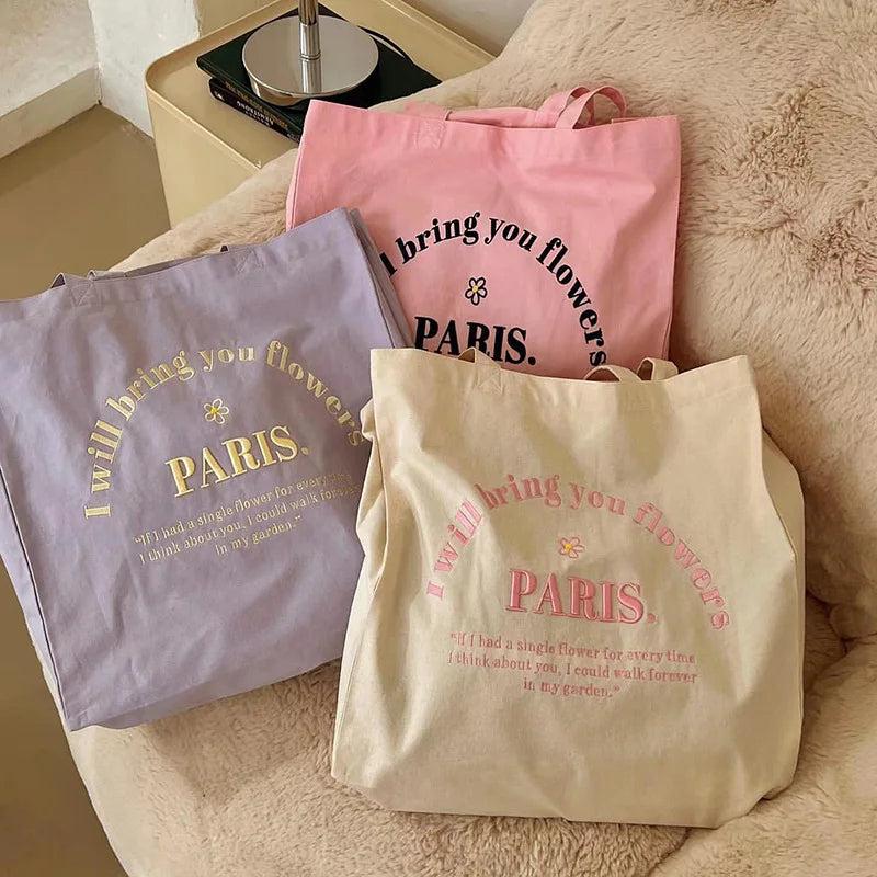 Women Canvas Shoulder Bag Embroidery Tote for Girls