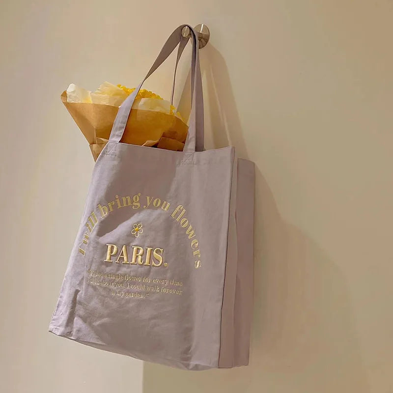 Women Canvas Shoulder Bag Embroidery Tote for Girls