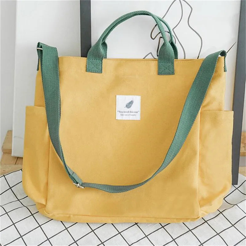 Women Canvas Shoulder Bag Corduroy Tote Soft Crossbody Bag Striped Cloth Handbag