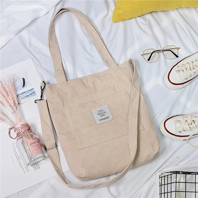 Women Canvas Shoulder Bag Ladies Casual Corduroy Tote Soft Crossbody Bags