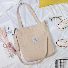 Women Corduroy Shoulder Bag Casual Tote Soft Crossbody Bags Striped Handbag
