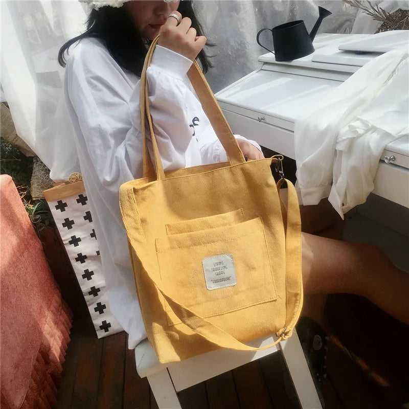 Women Canvas Shoulder Bag Ladies Casual Corduroy Tote Soft Crossbody Bags