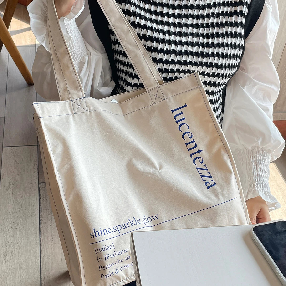 Women Canvas Shoulder Bag Letters Print Casual Handbag Tote Bag Large Capacity