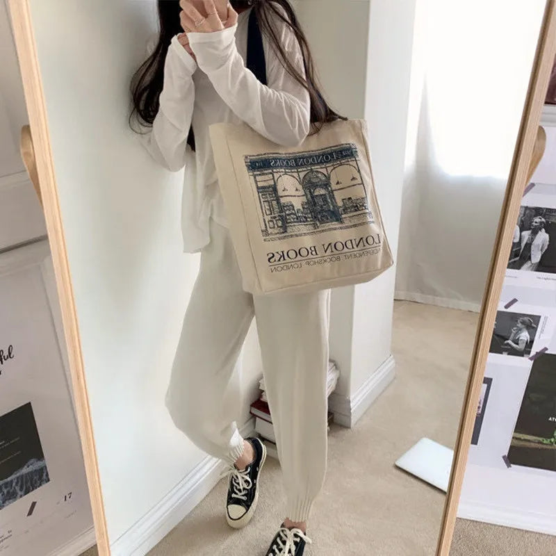 London Books Print Canvas Shoulder Bag Casual Handbag Tote Bag