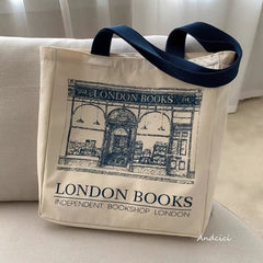 London Books Print Canvas Shoulder Bag Casual Handbag Tote Bag