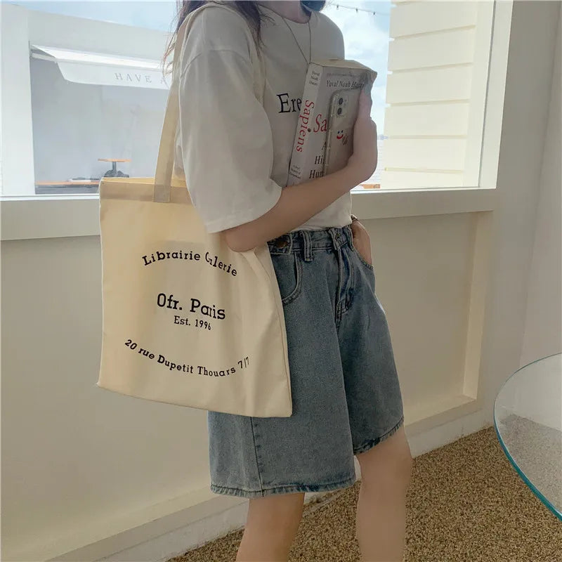 Paris Letters Print Canvas Shoulder Bag Shopper Bag Handbag Tote