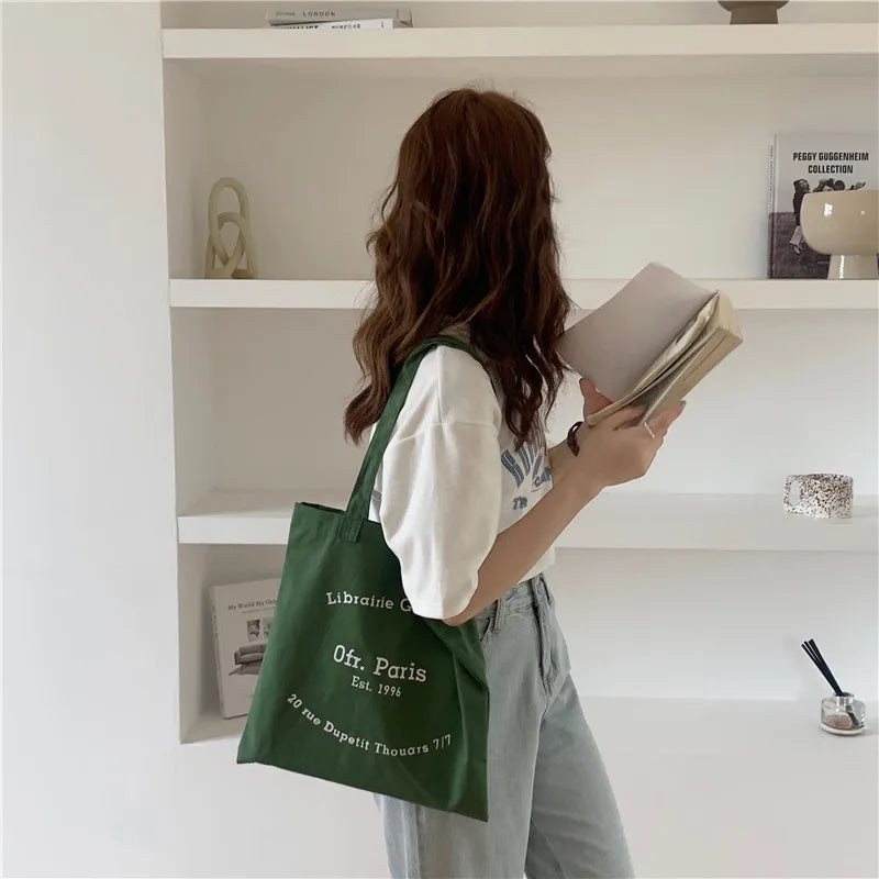 Paris Letters Print Canvas Shoulder Bag Shopper Bag Handbag Tote