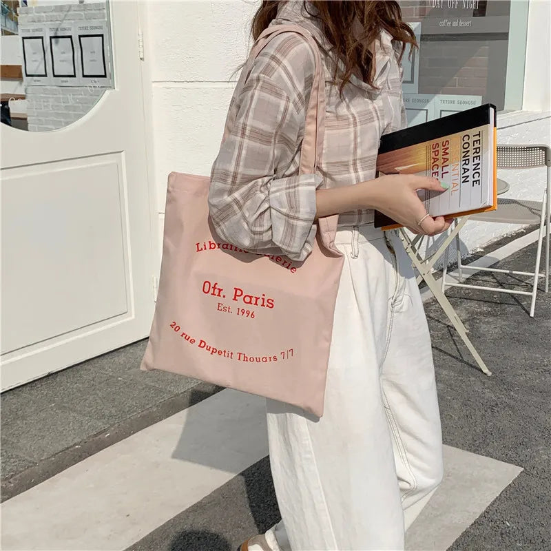 Paris Letters Print Canvas Shoulder Bag Shopper Bag Handbag Tote
