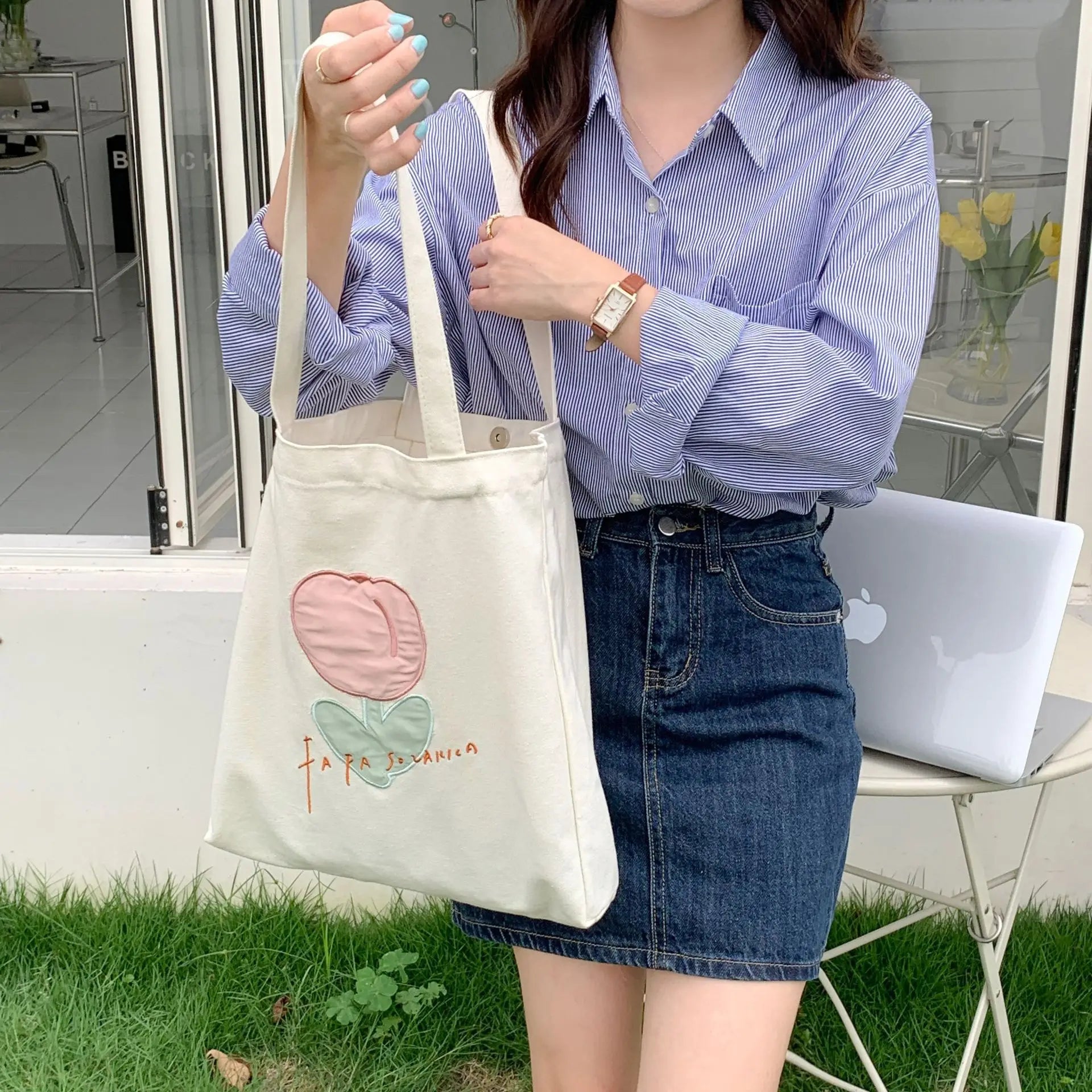 Women Canvas Shoulder Bag Tulip Embroidery Casual Handbag Tote Bag