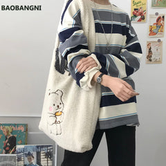 Canvas Shoulder Bag Warm Plush Cloth Handbag Large Capacity Bear Book Bag