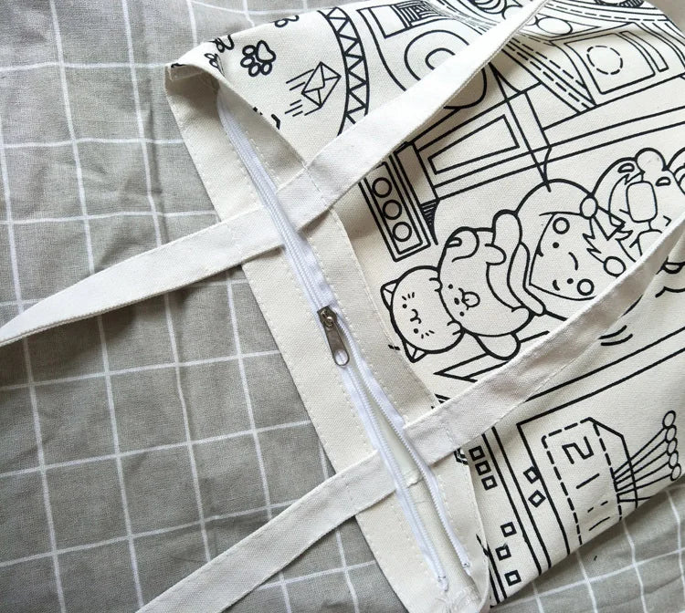 Canvas Shoulder Bags Cartoon Animal Printed Shopper Tote