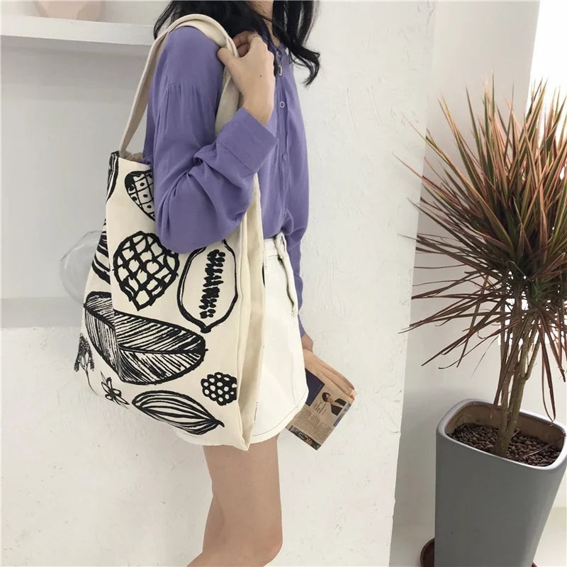 Leaf Print Women Canvas Shoulder Tote Bag Large Shopping Handbag