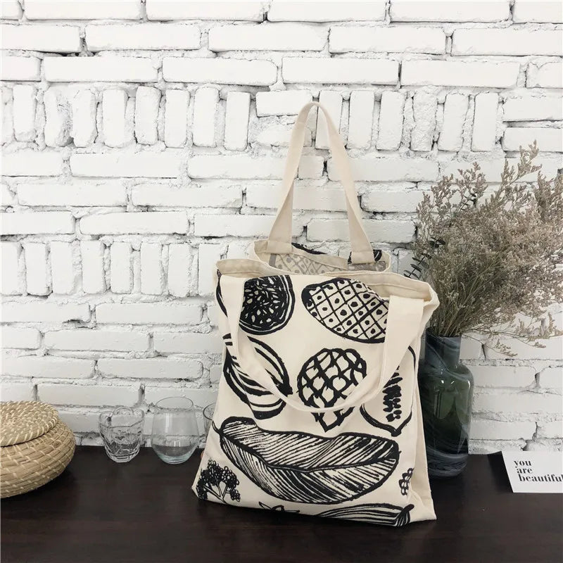 Leaf Print Women Canvas Shoulder Tote Bag Large Shopping Handbag