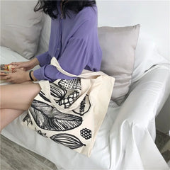 Leaf Print Women Canvas Shoulder Tote Bag Large Shopping Handbag