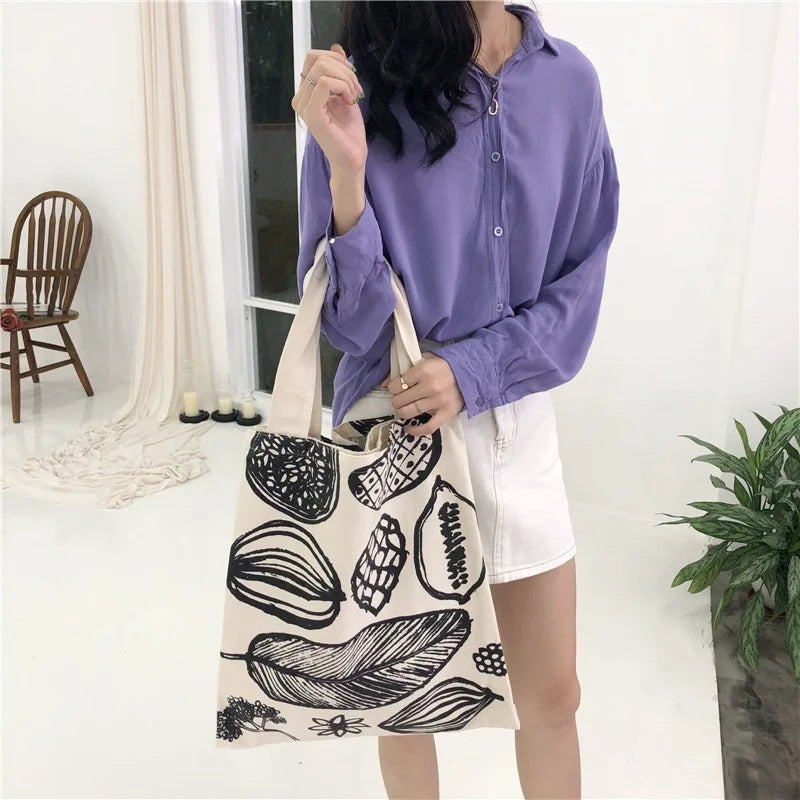 Leaf Print Women Canvas Shoulder Tote Bag Large Shopping Handbag