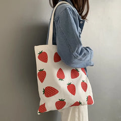 Canvas Tote Shopper Bag Strawberry Print Eco Shopping Shoulder Bag