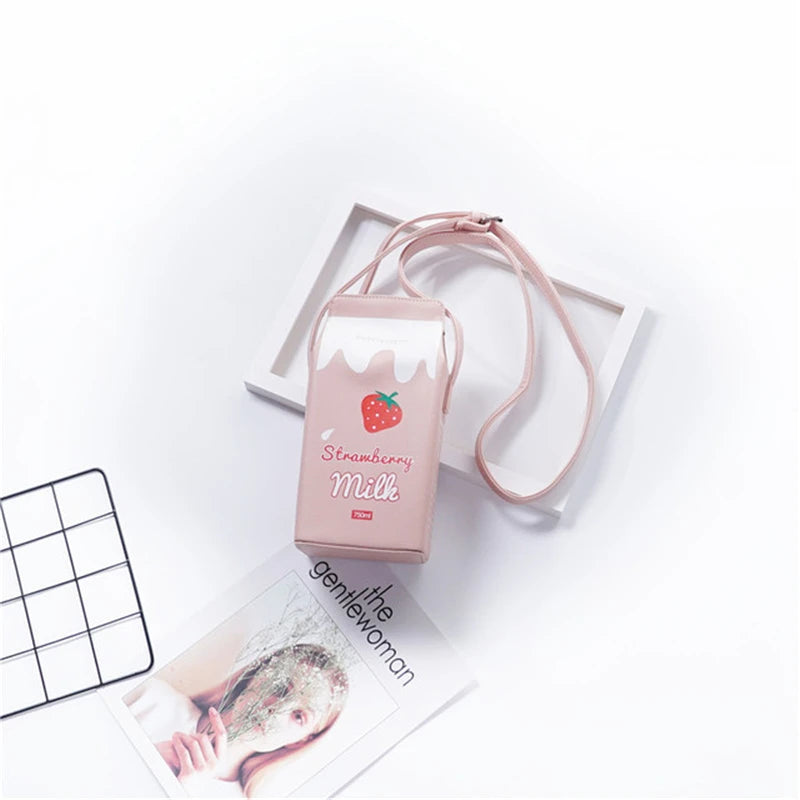 Women Cartoon Milk Carton Pu Leather Wallet Large-capacity Mobile Phone Bag