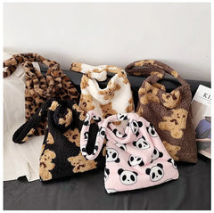 Fluffy Bear Shoulder Tote Bag Canvas Handbags Soft Shopping Girls School B