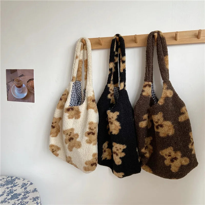 Fluffy Bear Shoulder Tote Bag Canvas Handbags Soft Shopping Girls School B