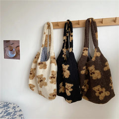 Fluffy Bear Shoulder Tote Bag Canvas Handbags Soft Shopping Girls School B