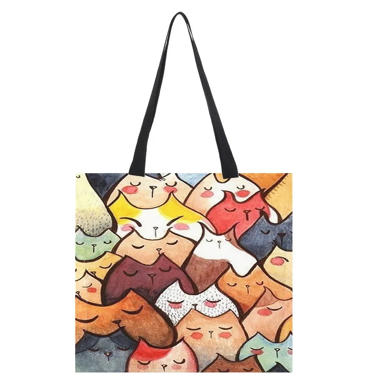 Women Cartoon Cat Handbag Cotton Linen Shopping Bag Large Capacity Shoulder Bag