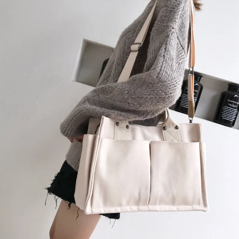 Women Casual Canvas Shoulder Bag Ladies Exterior Pockets Crossbody Bags Solid