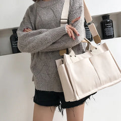 Casual Canvas Shoulder Bag with Exterior Pockets