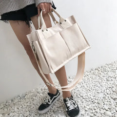 Women Casual Canvas Shoulder Bag Ladies Exterior Pockets Crossbody Bags Solid