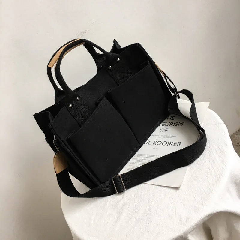 Women Casual Canvas Shoulder Bag Ladies Exterior Pockets Crossbody Bags Solid