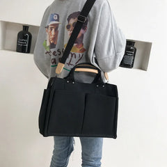 Women Casual Canvas Shoulder Bag Ladies Exterior Pockets Crossbody Bags Solid