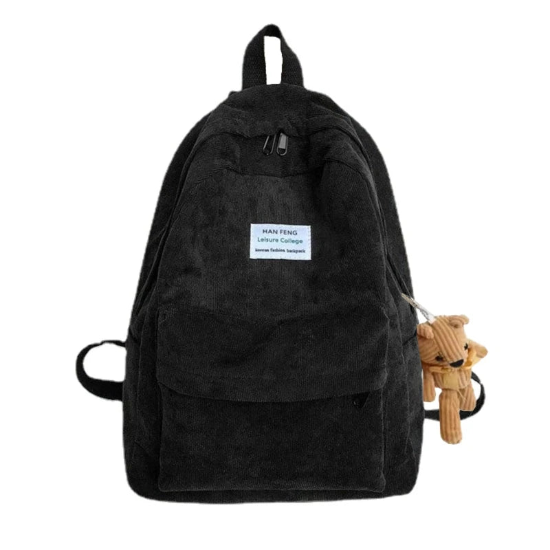 Women Corduroy Backpack with Pendant School Bag