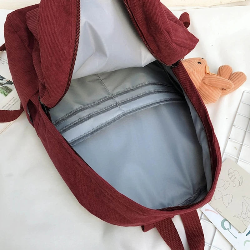 Women Corduroy Backpack with Pendant School Bag