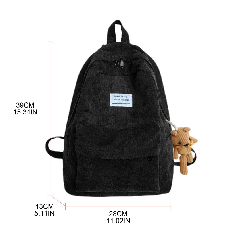 Casual Corduroy Backpack with Pendant School Bag Travel Daypack