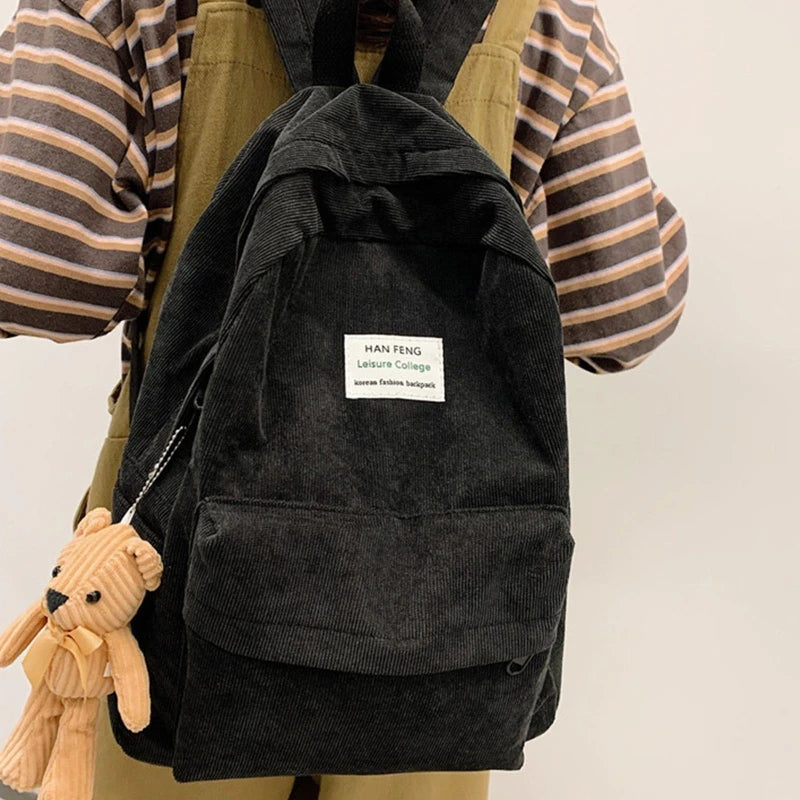 Casual Corduroy Backpack with Pendant School Bag
