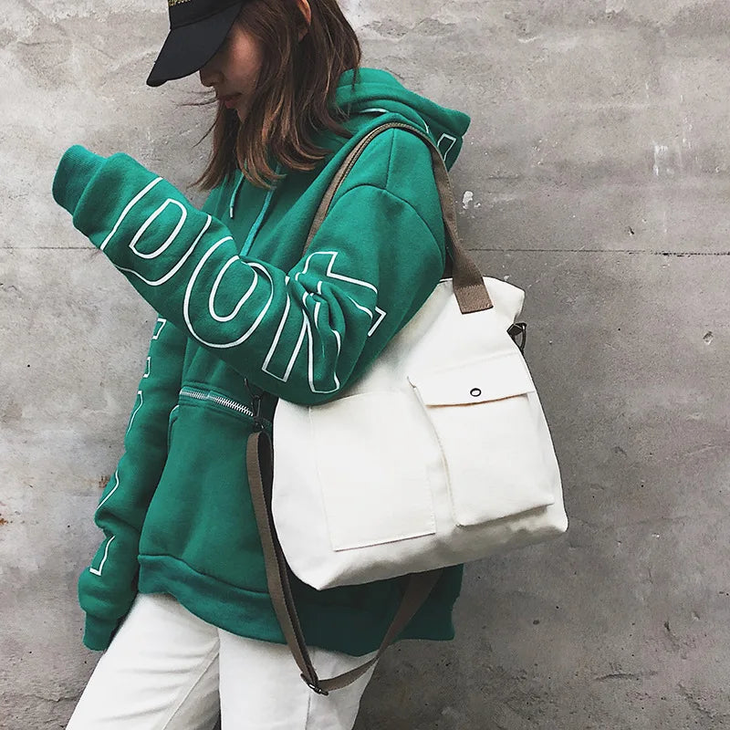 Canvas Retro Ladies Portable Eco Tote Bags Solid Color