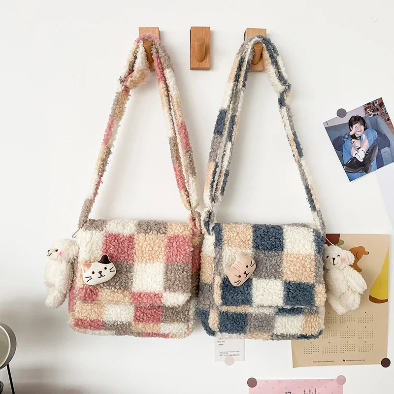 Women Plush Shoulder Bag Small Messenger Bag Zipper Purse Ladies Crossbody Bag