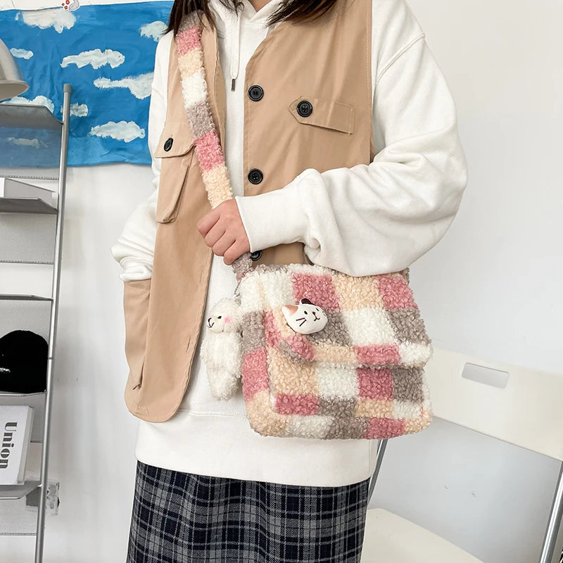Women Plush Shoulder Bag Small Messenger Bag Zipper Purse Ladies Crossbody Bag