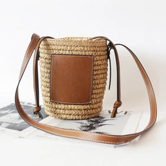 Women Straw Woven Cylinder Bag Drawstring Bucket Shoulder Bag