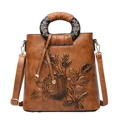 Chinese Floral Print Shoulder Bag Faux Leather Handbag Large Capacity