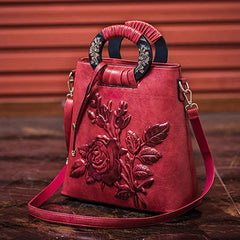 Chinese Floral Print Shoulder Bag Faux Leather Handbag Large Capacity