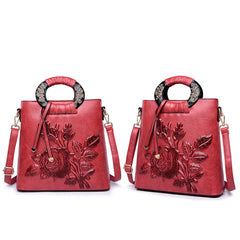 Chinese Floral Print Shoulder Bag Faux Leather Handbag Large Capacity