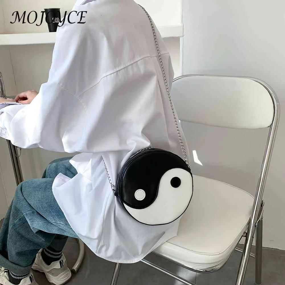 Women Chinese Style Circular Chain Crossbody Bag PU Leather Round Shoulder Bag