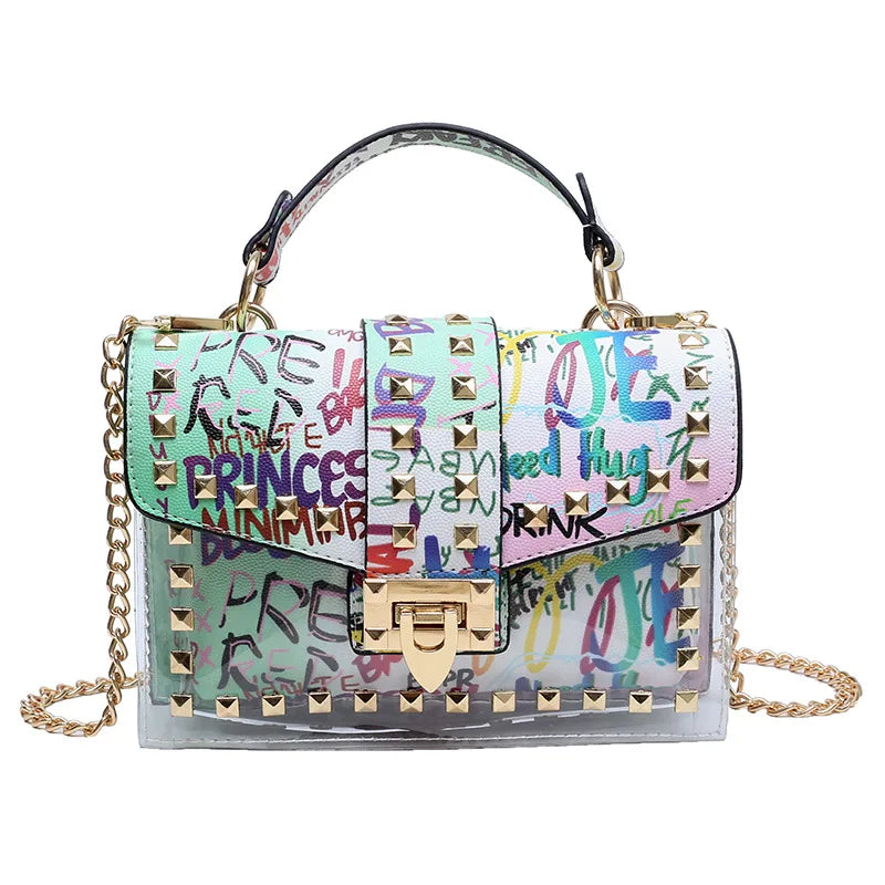 PVC Clear Crossbody Bag Rivets Graffiti Shoulder Messenger Bag