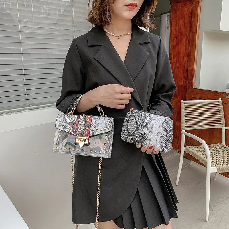 PVC Clear Crossbody Bag Rivets Graffiti Shoulder Messenger Bag