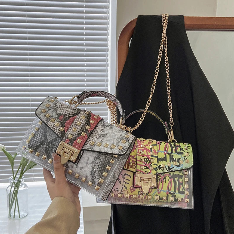 PVC Clear Crossbody Bag Rivets Graffiti Shoulder Messenger Bag