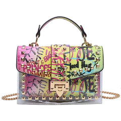 PVC Clear Crossbody Bag Rivets Graffiti Shoulder Messenger Bag