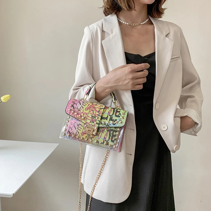 PVC Clear Crossbody Bag Rivets Graffiti Shoulder Messenger Bag